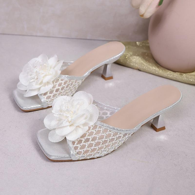 Fashion Mesh Cutout Breathable Non-Slip Wear-Resistant High Heels Women's Fashion Square Toe Open Toe Flower Stiletto Slippers