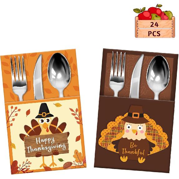 24PCS Thanksgiving Cutlery Holders Set Happy Thanksgiving Turkey Utensil Fall Utensil Holder Turkey Utensils Decor for Autumn Fall Harvest Party