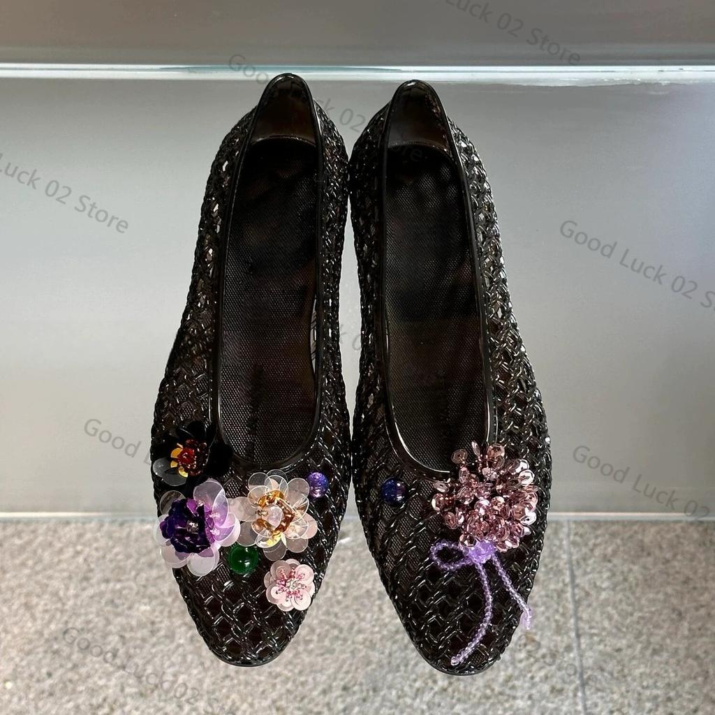 Fashion New Style Pointed-toe Open-toe Sandals with Flat Sole, Jelly-style Shoes, DIY Shoes, Floral Handcrafted with Crystals and Nettin