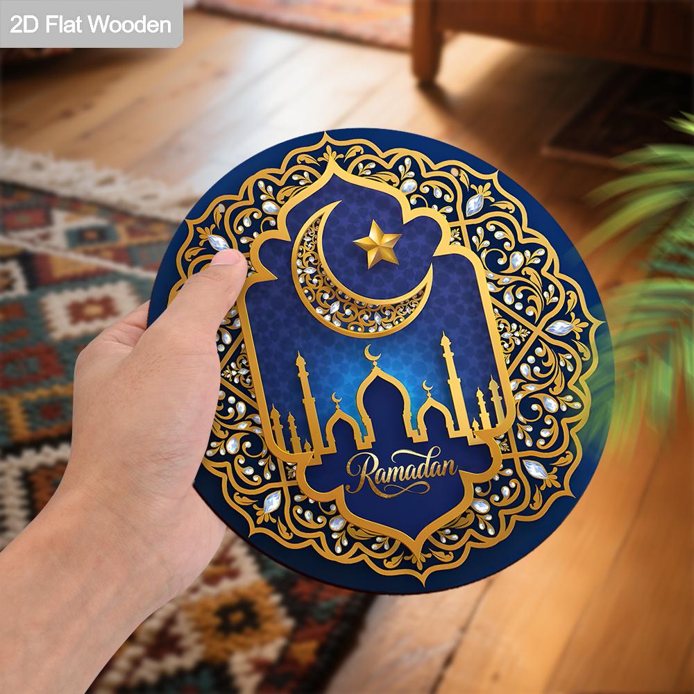 2D Flat Wooden Ramadan Round Decorative Hanging Ornament, 7.87inches Elegant Ramadan Kareem Wall Art, Home, Prayer Room, Livingroom Decorative Sign