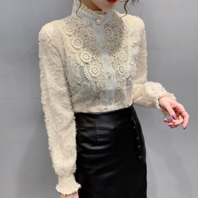 Solid Color Long-sleeved Sexy Lace Shirt Women's Spring Korean Version Slim Standing Neck Simple Versatile Shirt