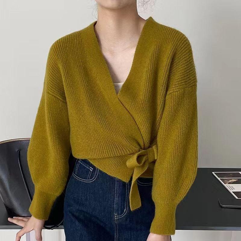Strickjacke Pullover Weibliche Herbst Fliege V-ausschnitt Stricken Frauen Kurze Hohe Taille Strickjacke Mantel Overlay Design Sinn Pullover