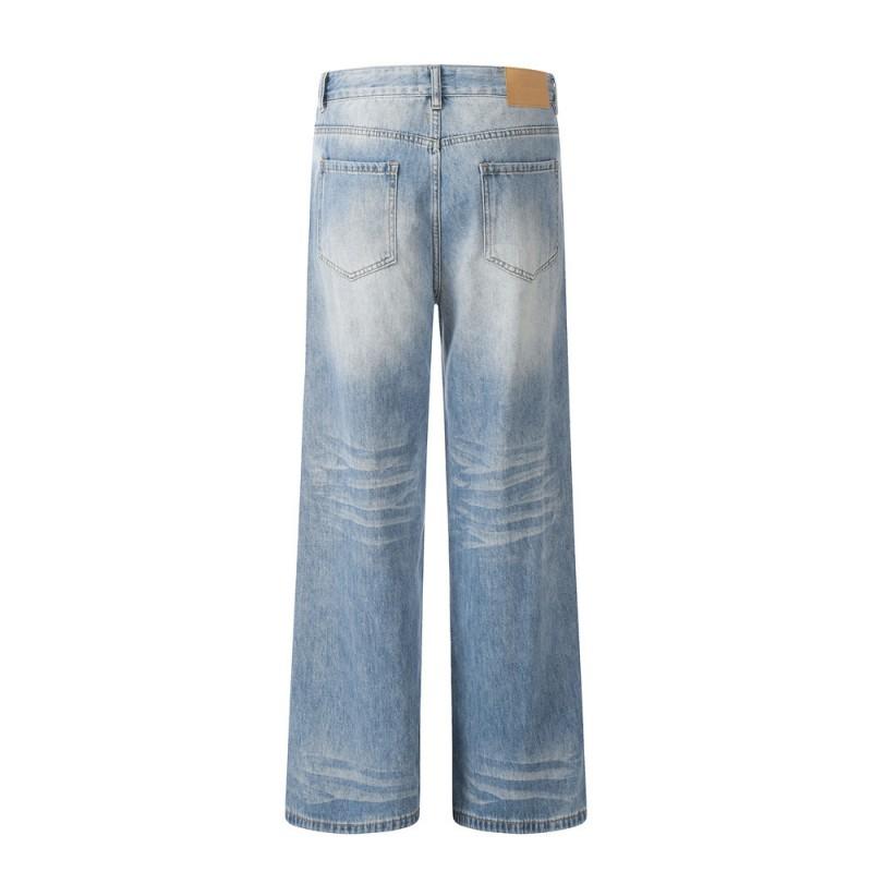 Mens Washed Gradient Denim Wide Leg Straight Cut Jeans Loose Fit Casual Streetwear Pants
