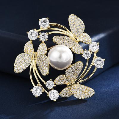 High Quality Brooch Butterfly Wreath Gold Plated Zircon Pearl Brooch Suit Pin Accessories