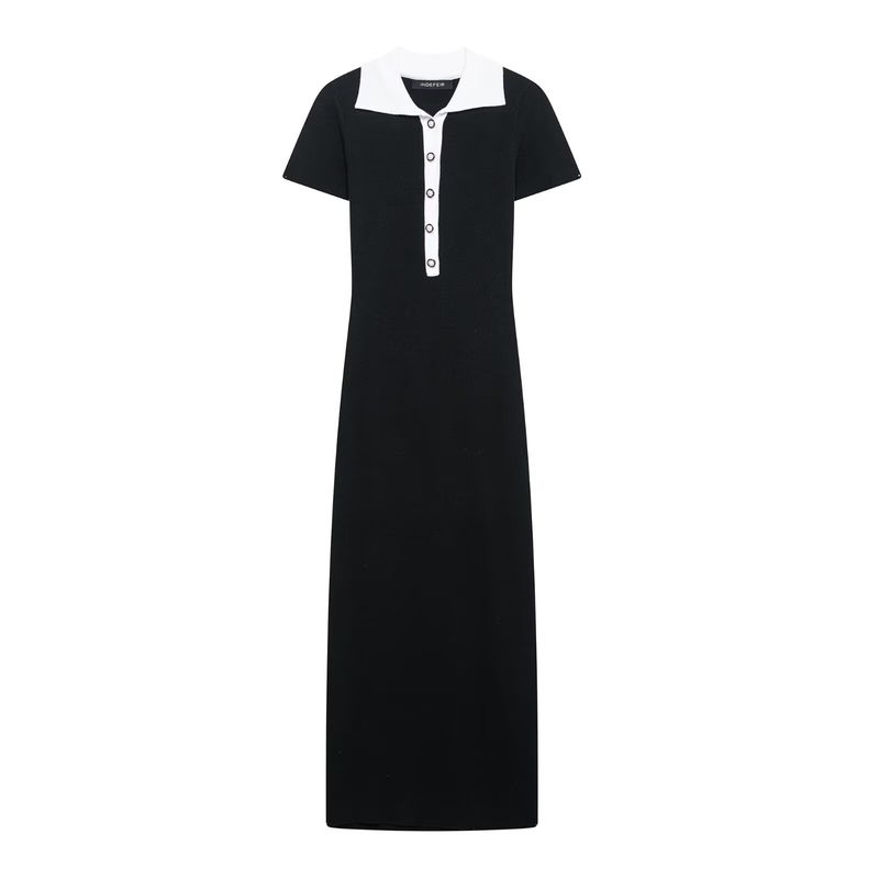 

Kaslead New Women clothes Western Style Fashion Patchwork Contrast Color Short sleeve Long Single Breasted Knitted dress Black L