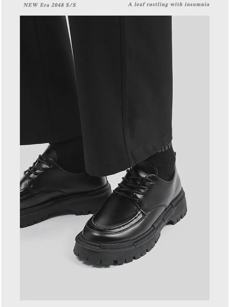 Men's Casual Black Leather Shoes - Autumn British Style, Thick Sole, Heightening Design, Fashionable College Footwear