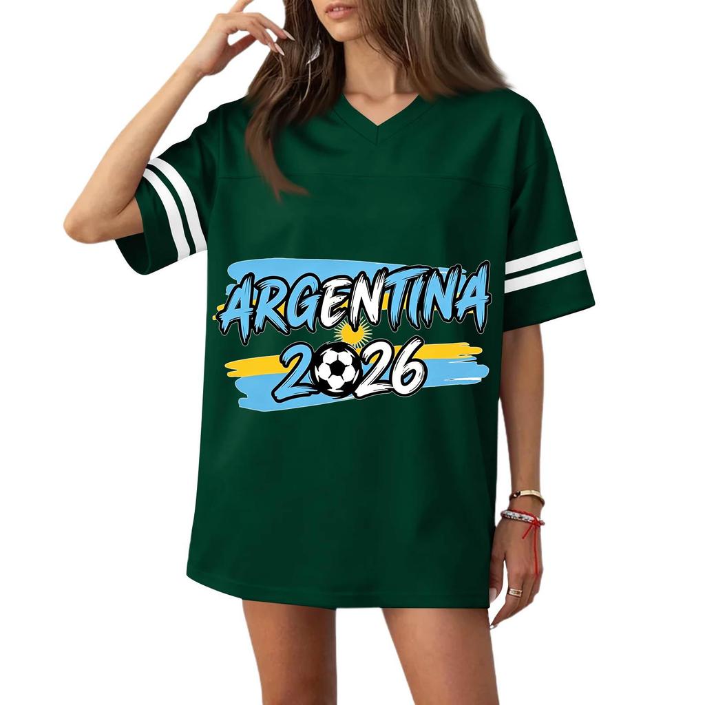 Women’s Casual V Neck Short Sleeve T Shirt with Soccer Themed Graphic Print and 2026 Lettering for Sports and Wear