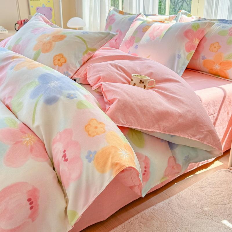 Cotton 4-piece Set Thickened Brushed Fresh Cotton Bed Sheet Quilt Cover Hats Models Dormitory 3-piece Set