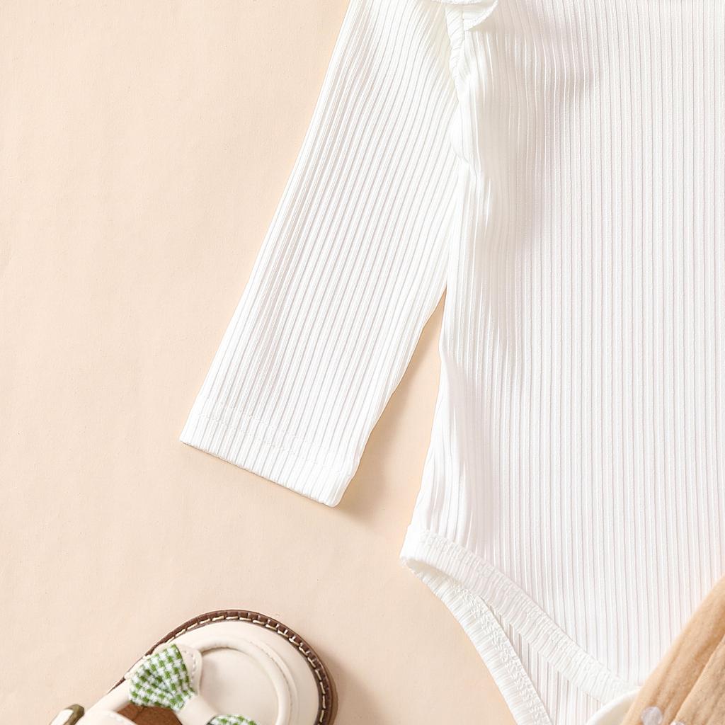 Baby Girls 3PCS Pants Sets White Long Sleeve Ruffle Romper Daisy Print Belted Pants Headband Sets