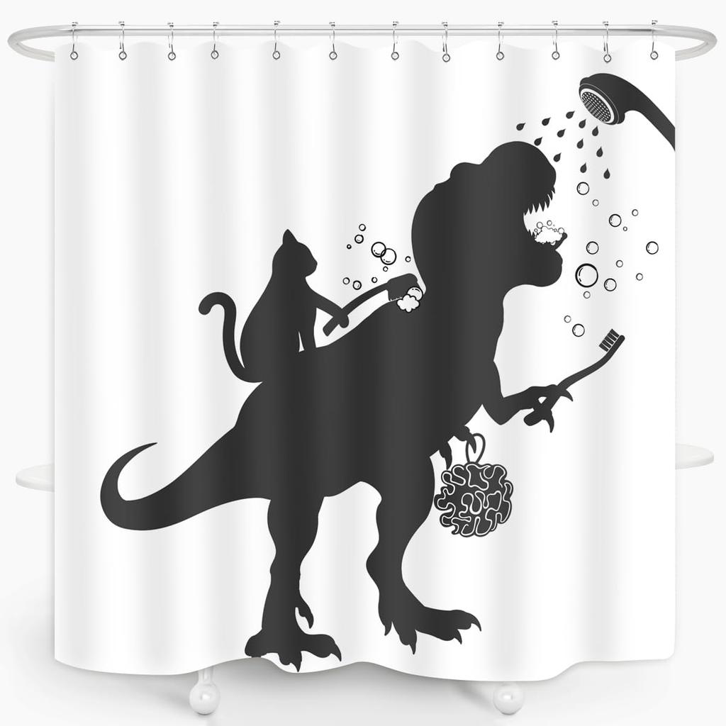 Cat Dinosaur Shower Curtain Funny Cartoon Cat Dino Bathe for Kids Boys Silhouette Shadow Black White Design Artwork Bathroom