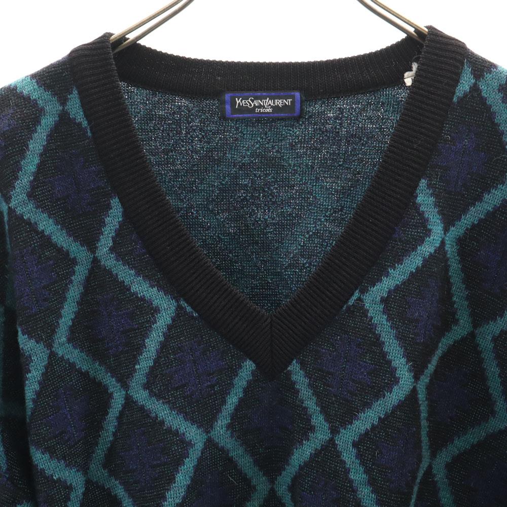 YVES SAINT LAURENT Tricots 90s Old Wool Blend Mohair Blend Argyle Pattern Long Sleeve V Neck Sweater Men's Used