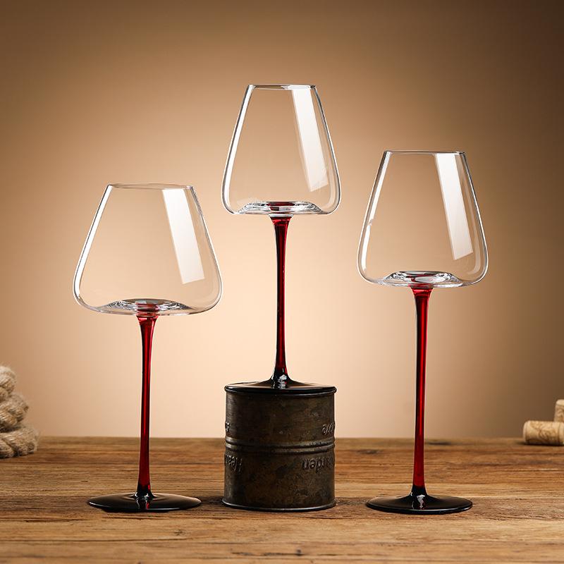 Burgundy Red Wine Glass with Black Base - Crystal Champagne, Concave Bottom, Tall Stem for Home Use