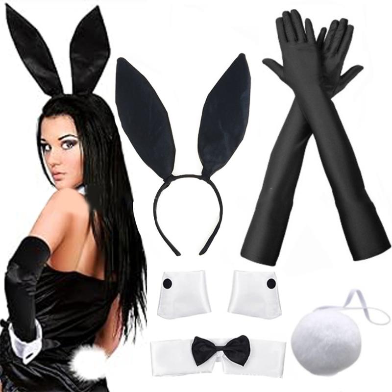 Female Cosplay Plush  Rabbit Ears Headband Tail Bowtie Masked Party Suit Outfit