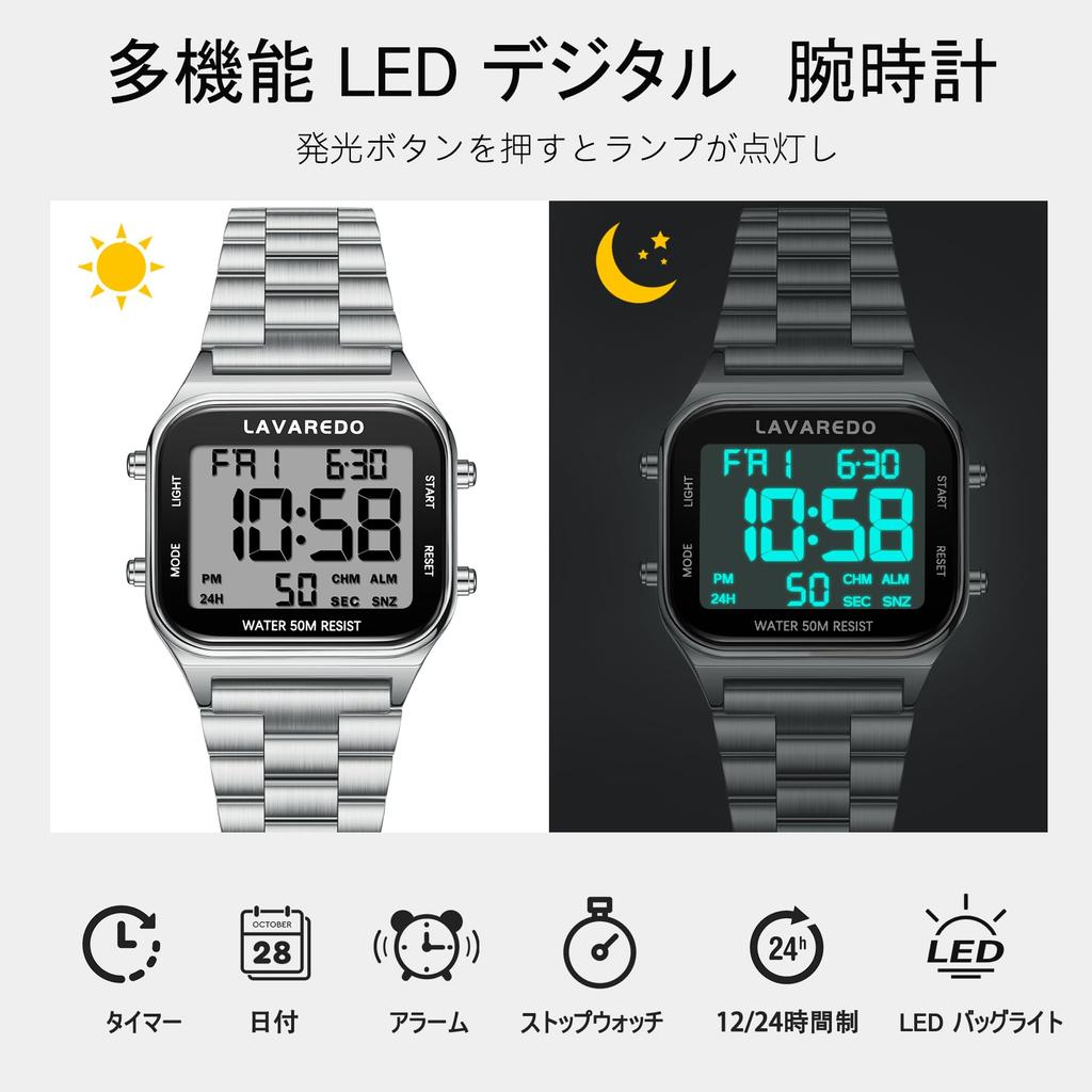 ShunkanSai Herren Armbanduhr aus Edelstahl, Wasserdicht, Digital mit Multifunktions-LED-Anzeige, Datum, Wochentag, Wecker, Timer und Anleitung