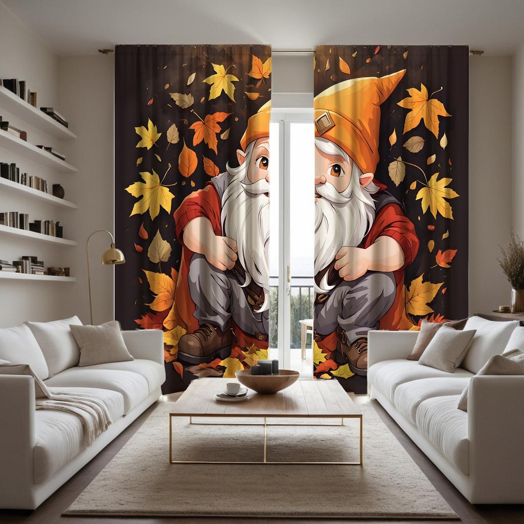 2pcsHD Santa Claus Autumn Maple Leaf Decorative Curtain Black Tie Digital Printed Curtain Home Decoration Style Decorate Liv