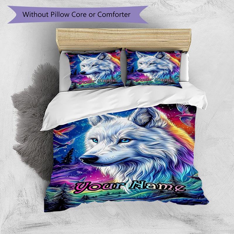 3pcs Custom Name Wolf Dreams Colors Bedding Set Printed Bedding Set Duvet Cover Closure Includes 1 Duvet Cover & 2 Pillowcases Bedroom Decor
