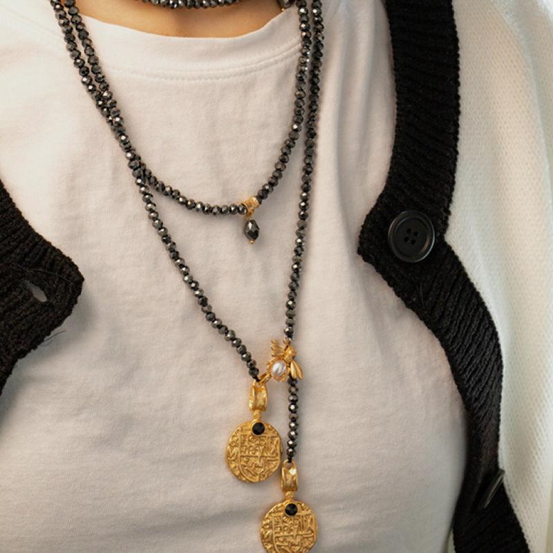 

Ожерелье из стеклянных бусин с бриллиантовой инкрустацией, круглый узор, жемчужное, можно носить в несколько рядов с ретро-цепочкой для свитера, женские осенне-зимние украшения высокого класса