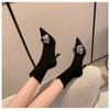 Pointed Thin High-heeled Small Short Boots for Women's Spring and Autumn New Rhinestone Square Buckle Elastic Fashion Thin Socks Boots