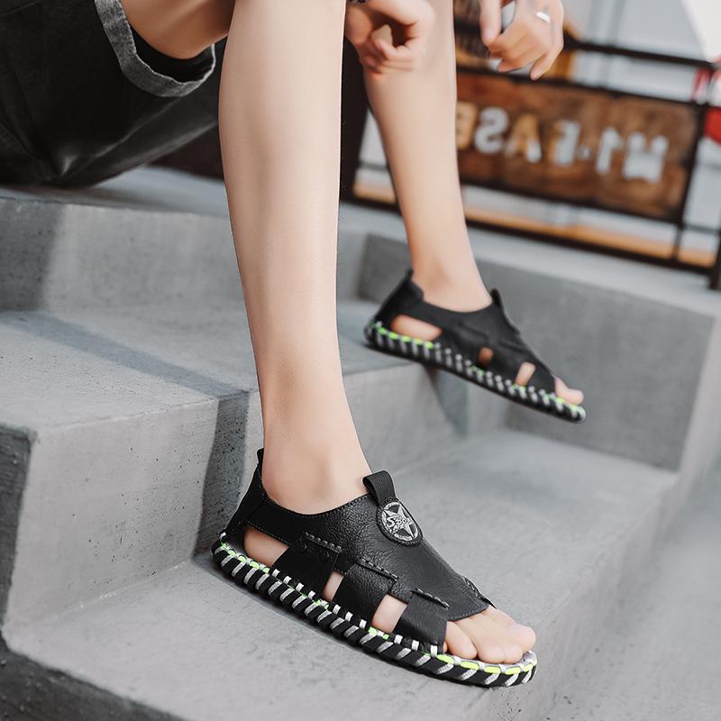 FashionSummer Men Shoes Casual Leather Sandals Handmade Sewing Outdoor Walking Anti-slip Beach Sport Shoes Platform Sandals Slipper Man