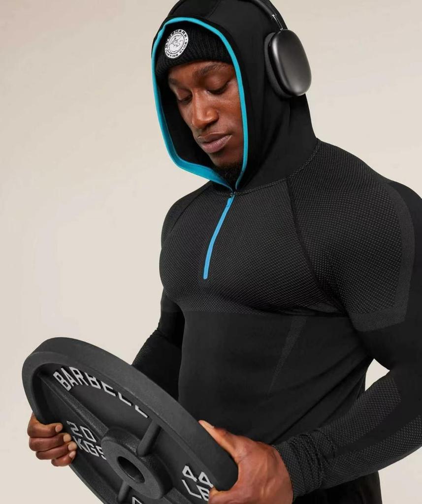 GYMSHARK Men's Onyx High Stretch Long Sleeve Hooded Fitness T-shirt