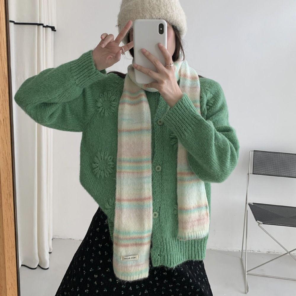 Thickened Rainbow Striped Scarf Plush Winter Shawl Fashion Cashmere Knitted Scarf Women