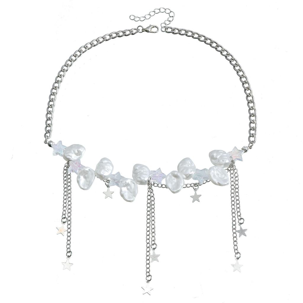 Cold Wind Cross Star Diamond Imitation Pearl Necklace Personalized Stacking Temperament Advanced Clavicle Chain Necklace