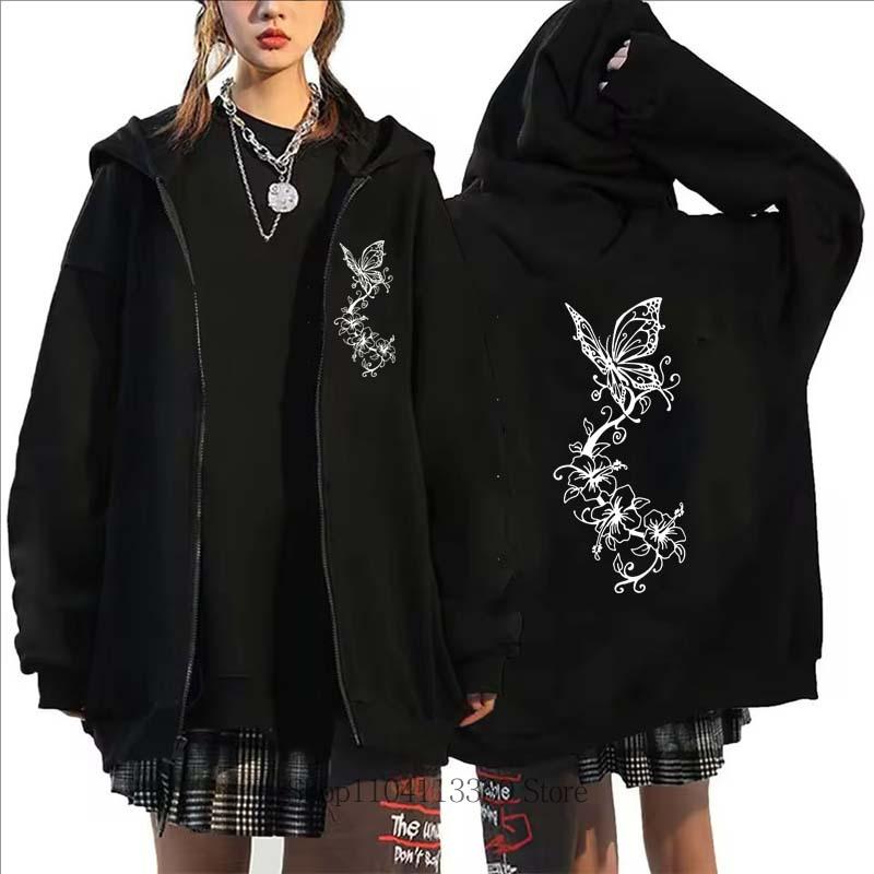 Fashion Floral Butterfly Printed Sports Zipper Hoodie Women High Quality Casual Long Sleeve Zip-up Hoodie Sweatshirts