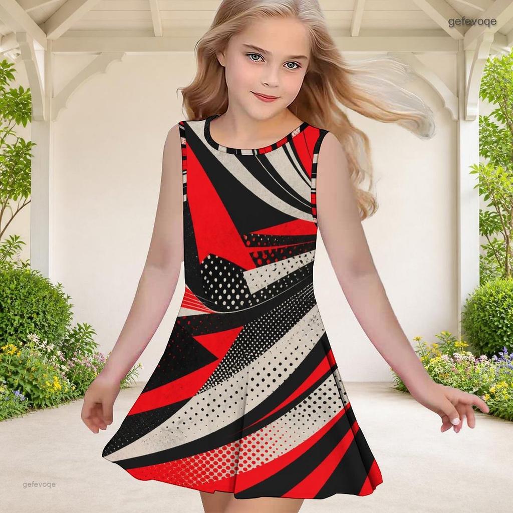 Girls Sleeveless Round Neck Geometric Printed A Line Flared Dress Red Black Beige