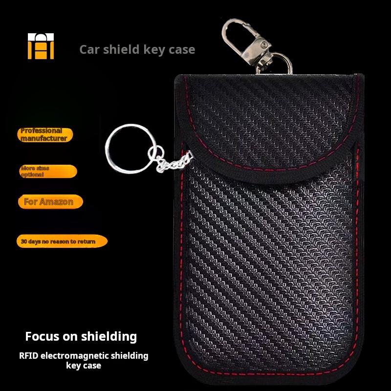 Carbon Fiber Leather RFID Car Key Signals Blocker Case With Key Hook Keyless Car Theft Pouch Faraday Car Key Bag