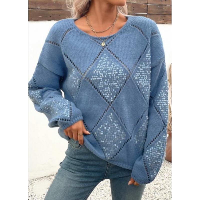 

Модный полый вязаный свитер с пайетками женский осенне-зимний новый однотонный ромбовидный пуловер свободный свитер женский тренд XL синий