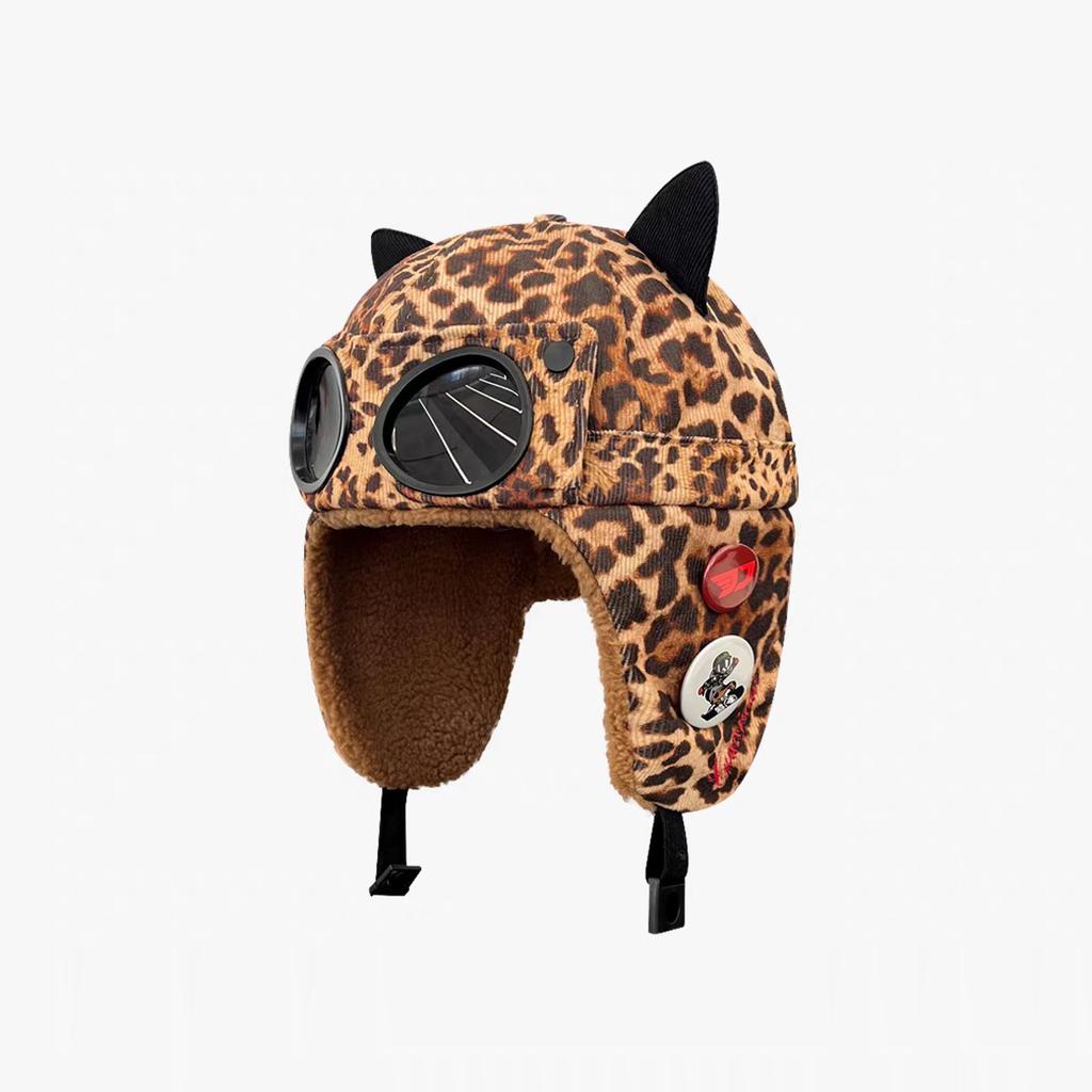 Pilot glasses cat ear ear protection hat men and women winter velvet warm leopard print corduroy cycling cotton hat