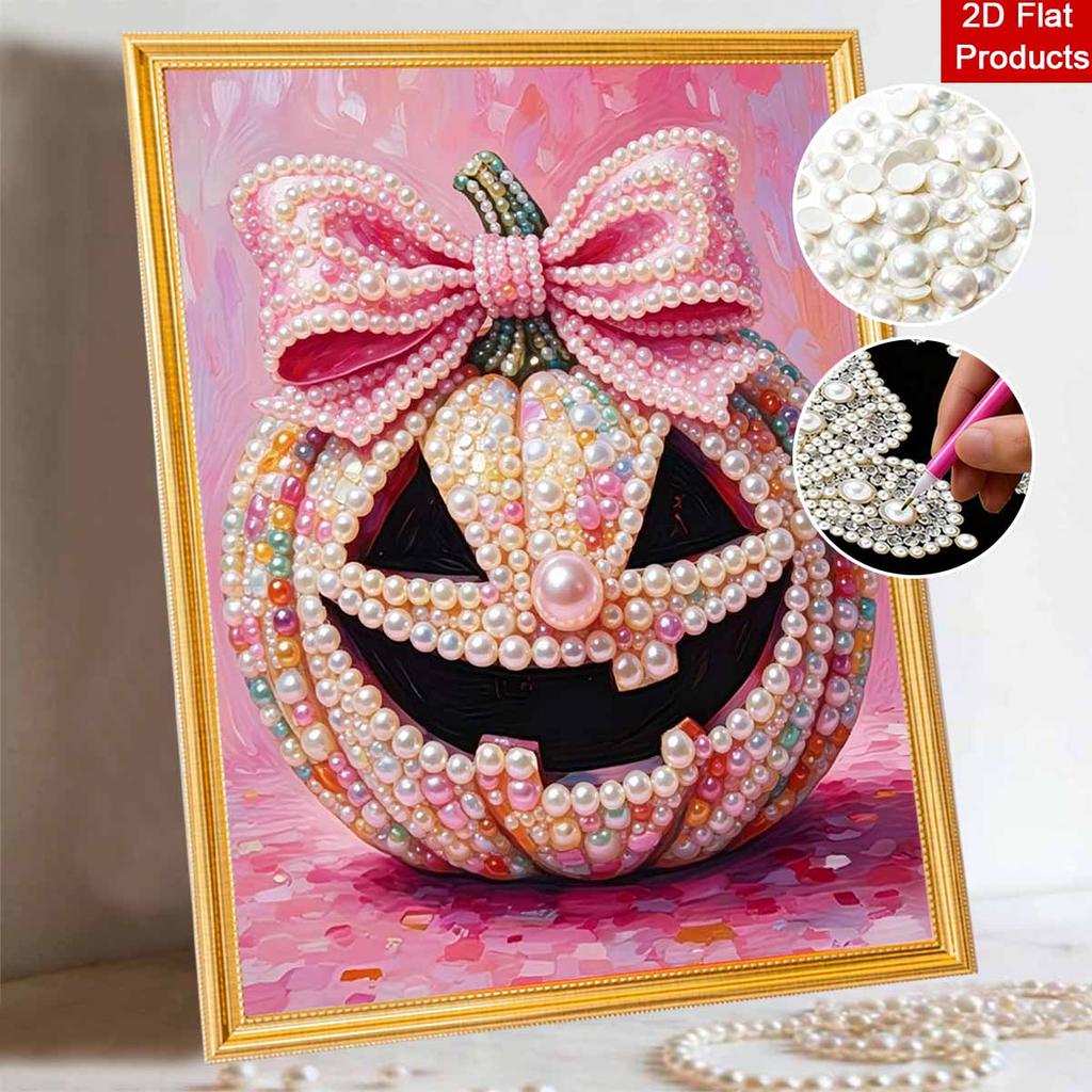 Halloween Pearl Painting Art Full Pearl Handmade Diy Home Decorations Pink Pumpkin Bowknot Craft Elegant Table Ornament