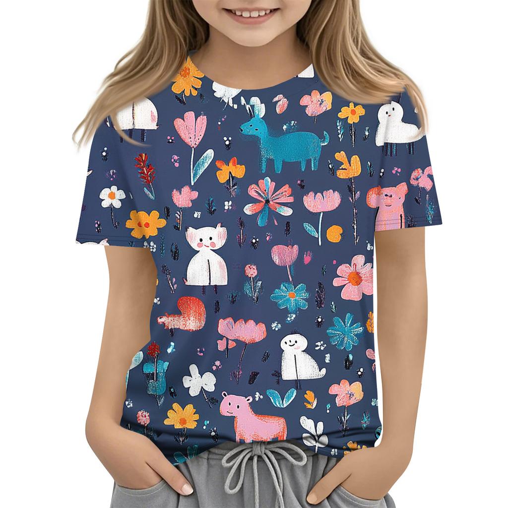 Children's Printed Round Neck Short Sleeved Casual T-shirt