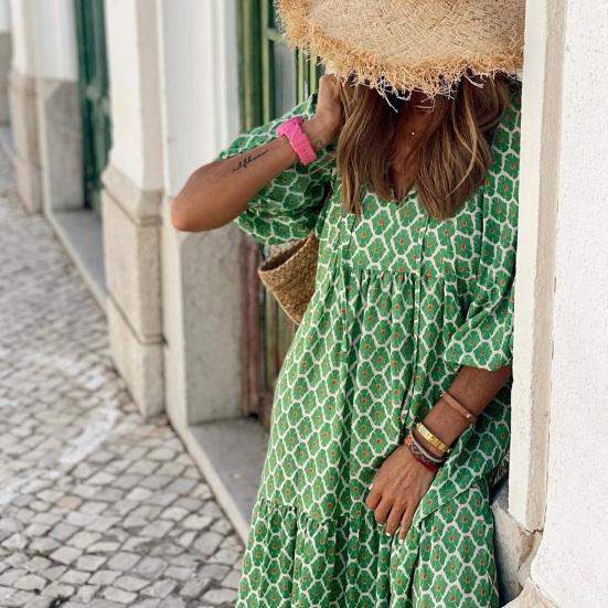 Women Dress Geometric Print Large Hem Autumn Bohemian Ruffles Long Dress for Beach