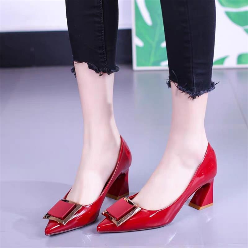 2025 New Thick Heel Pointed Head Light Mouth Patent Leather Single Shoes Commuter Red High Heels Wedding Shoes Work Shoes Square Buckle Women's Shoes