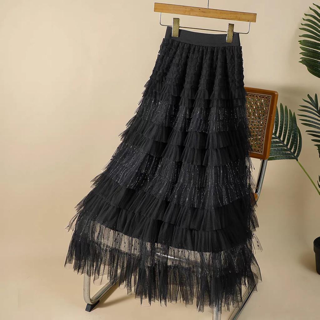 

Qooth Элегантная многоярусная юбка миди из фиолетового тюля для женщин на осень-зиму QT2792 One Size чёрный