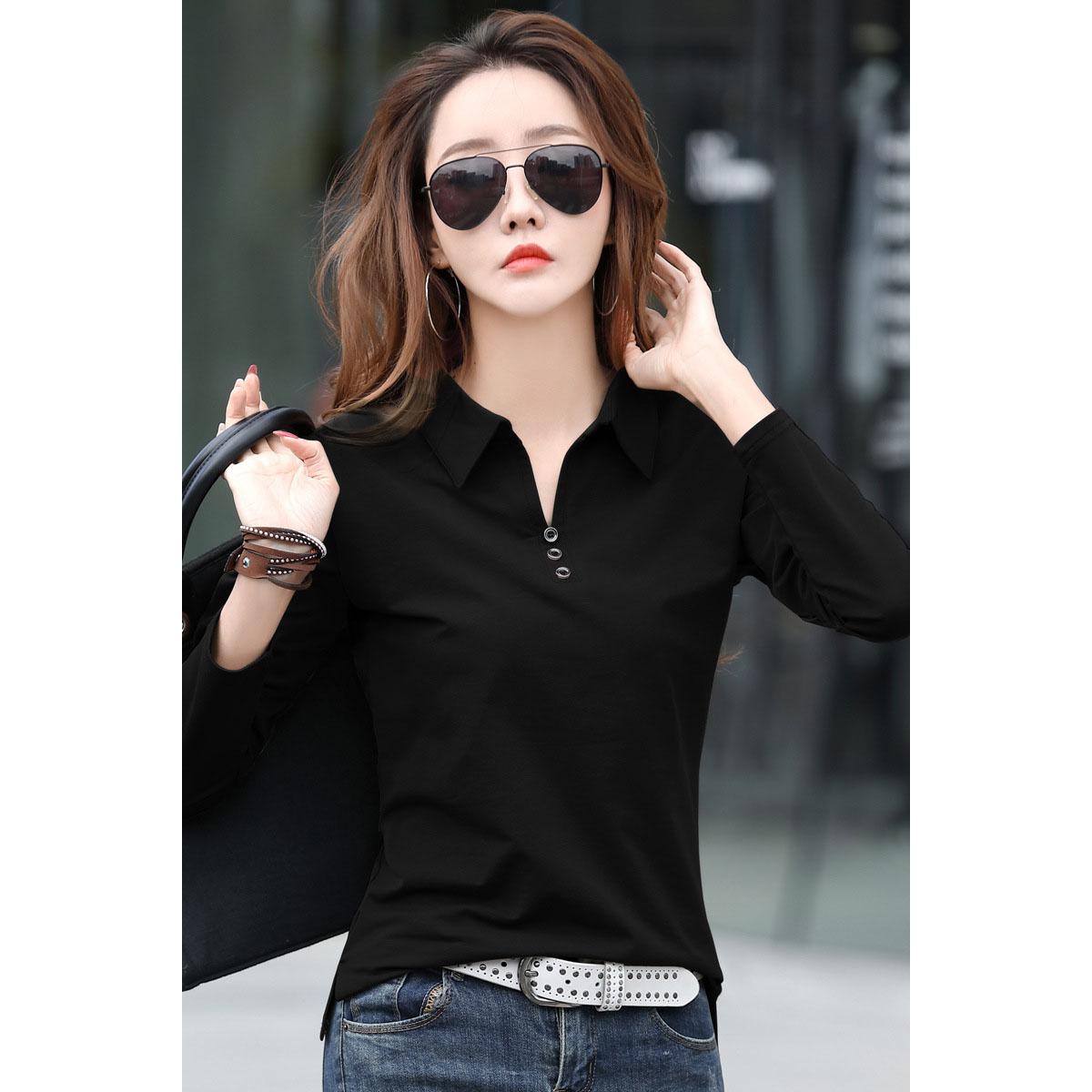 

Danmo женская повседневная рубашка с лацканами, хлопковая тонкая женская рубашка с длинным рукавом, футболки в Корейском стиле, офисная элегантная женская пуловер, блузка размера плюс XS чёрный