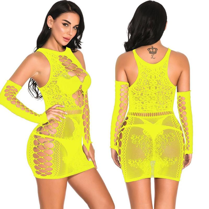 Plus Size Erotic Sexy Lingerie Costumes Hollow Mesh Fishnet Bodysuit Transparent Lace Dress Women Babydolls Sex Exotic Underwear