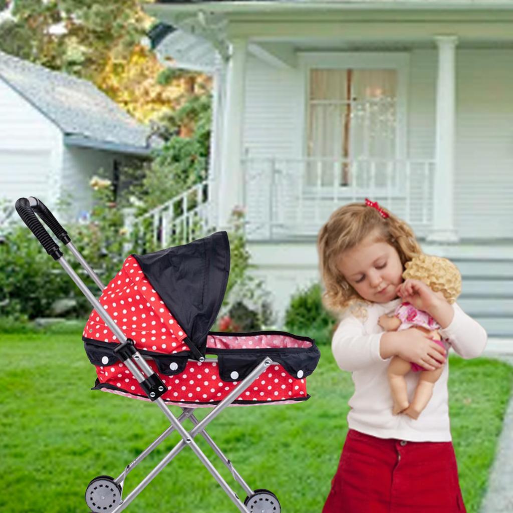 Dollhouse Pretend Play Baby Stroller Push Cart for Kids with Iron Frame and Oxford Fabric