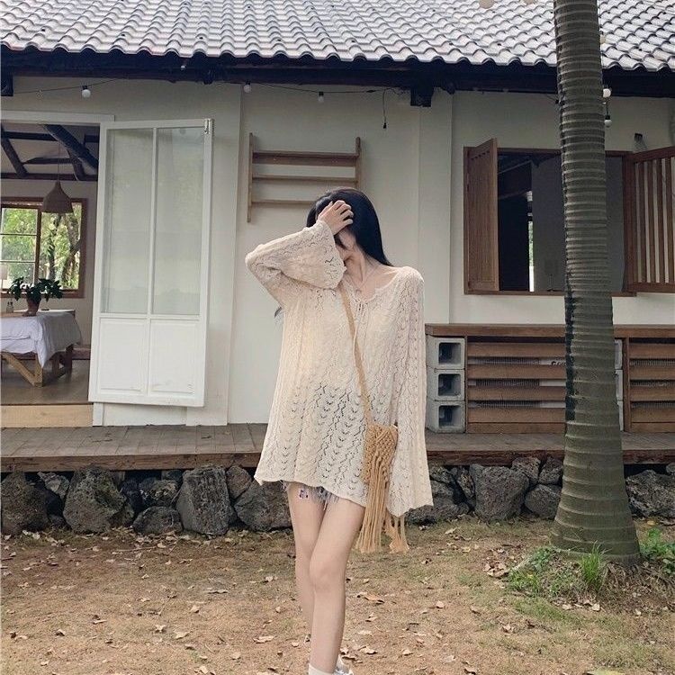 Hollow Out Long Sleeved Knitted Sweater Women's Korean Version Short Cover Shirt Summer Loose Sun Protection Sweet and Spicy Top