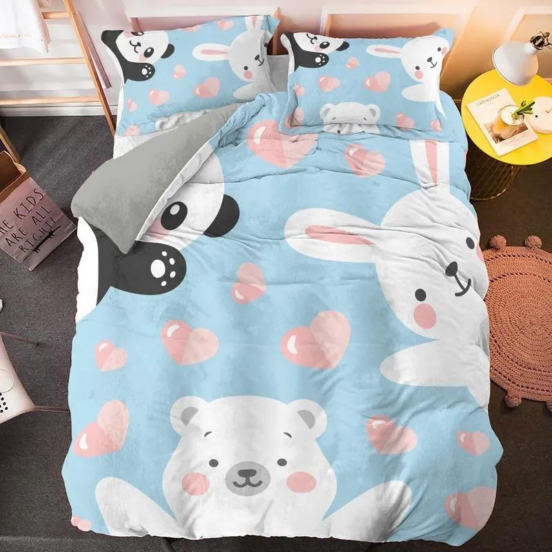 Cartoon Rabbit King Queen Duvet Cover Pet Animal Carrot Bedding Set for Kids Easter Theme Bule Polyester Quilt Cover