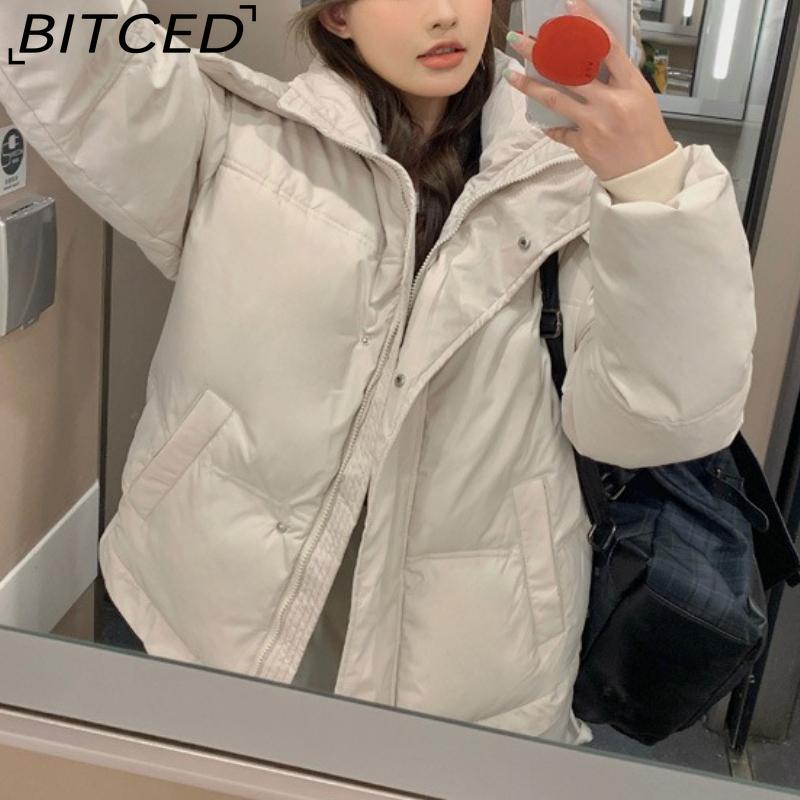 BITCED New Style Women's Winter Short-Length Hooded Puffer Jacket with Design-Forward Thickened Fleece Lining