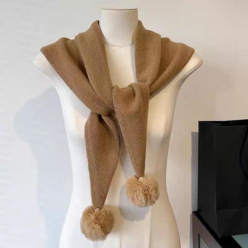 Women S Warm Knit Triangle Scarf With Pom Pom Korean Style Versatile Fashion Scarf
