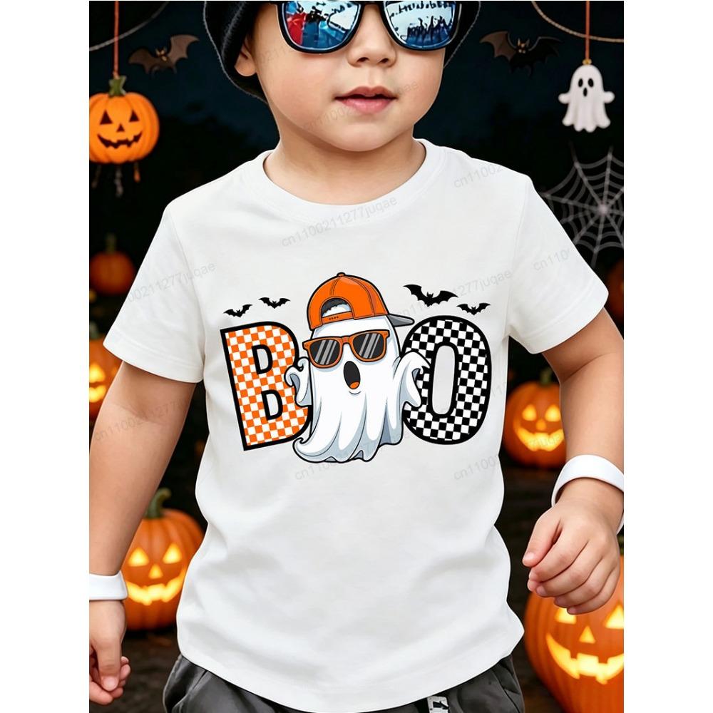 Kids T-shirt Cool Ghost Boo Graphic Tee Short Sleeve Round Neck Toddler Tshirts Trick or Treat Tops Halloween Party Costume Top