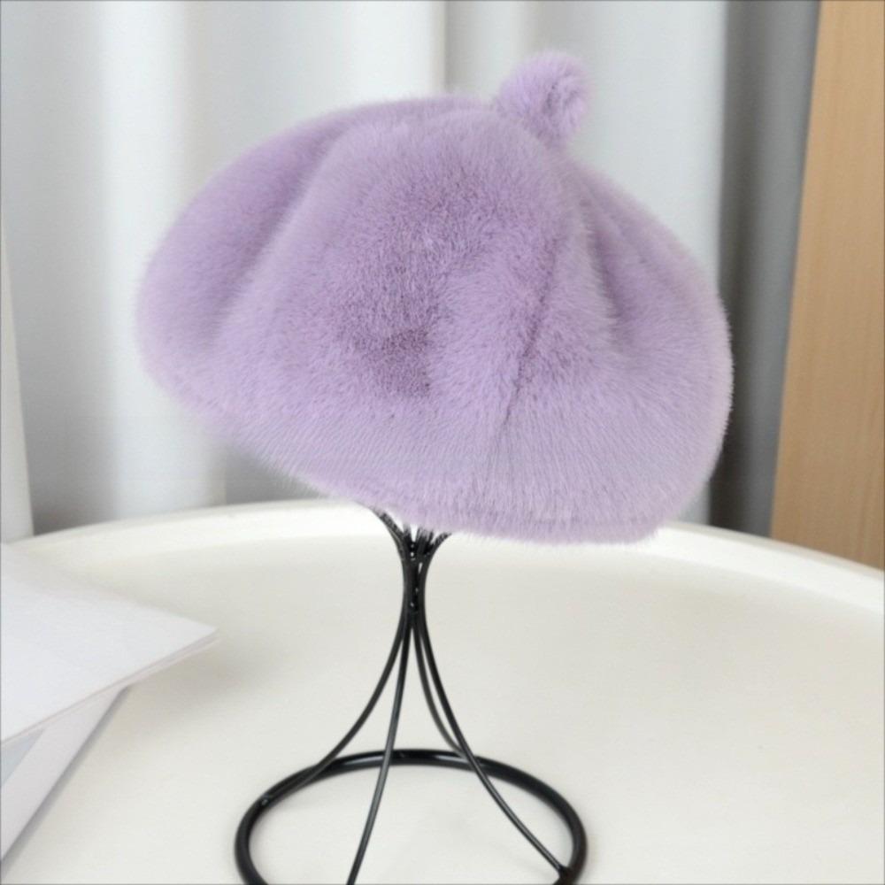 

Solid Color Plush Beret Hat Fluffy Texture Fur Beret Cap Elegant Octagonal Hat for Winter Season фіолетовий