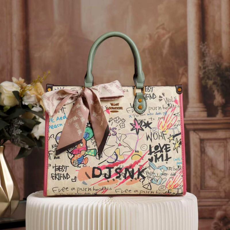 Large Capacity Tote Bag Women With Graffiti Print Soft PU Shoulder Handbag Daily Use