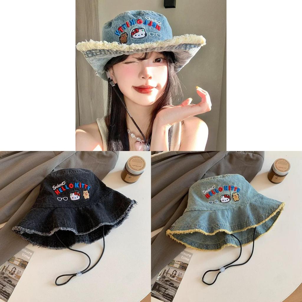 Hello Kitty Denim Fisher Hat With Wide Brim Sun Protection For Summer Outings