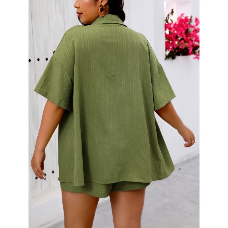 Plus Size 2 Piece Outfit Striped Button Down Shirt And Drawstring Shorts Set Casual Loungewear
