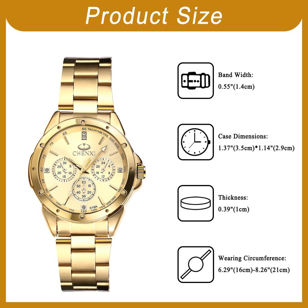 Women's Watch with Round Dial, Rainproof, Large Dial, Triple Lens, Stainless Steel, Bar Index, Quartz Movement, Adjustable, Gold Dial, Perfect Gift