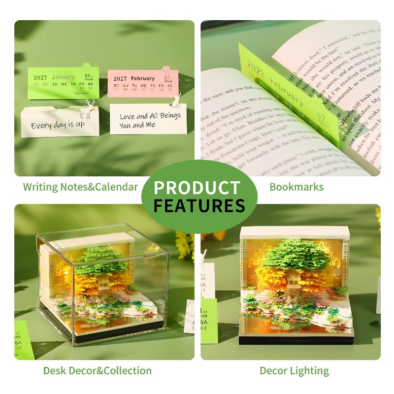 Time Piece Calendar 2027 Desk Calendar With Led Light 3D Tear-Away Calendar Paper Carving Art Memo Pad Notepad Desktop Decor